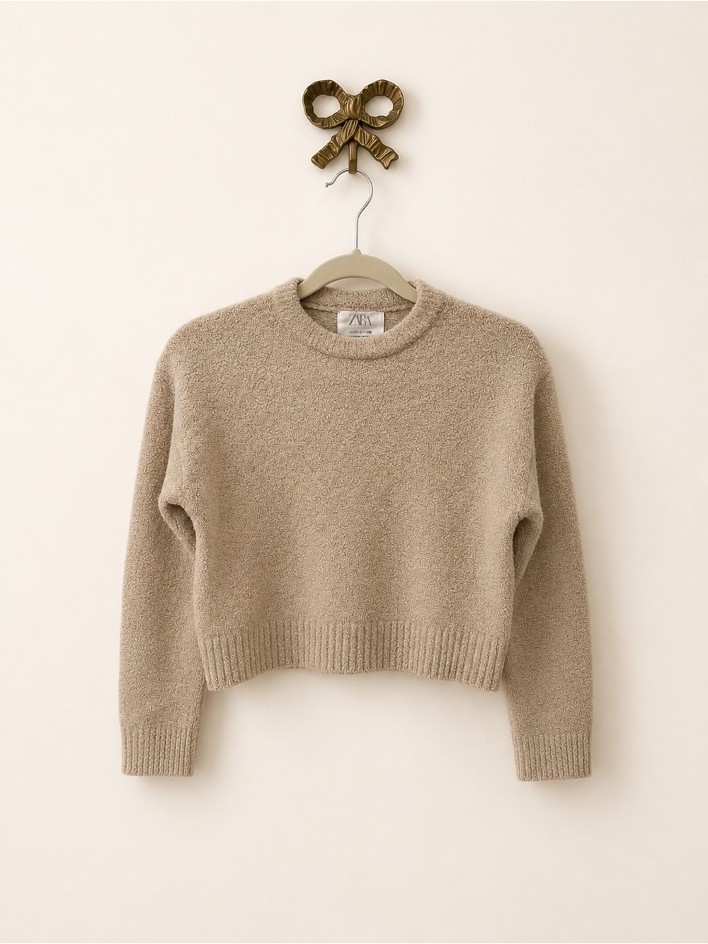 Zara Cropped Fuzzy Crewneck Sweater in Light Taupe